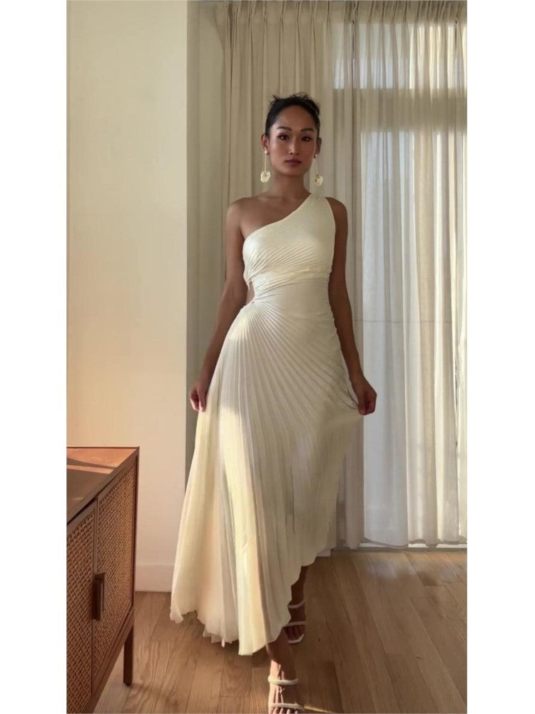 Delfina Geplooide Maxi-Jurk Dames – Elegante One-Shoulder Jurk met Schuine Kraag