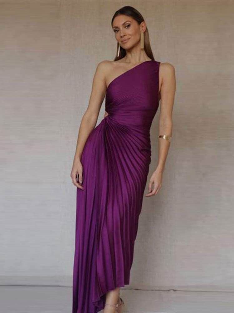 Delfina Geplooide Maxi-Jurk Dames – Elegante One-Shoulder Jurk met Schuine Kraag
