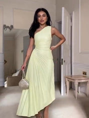 Delfina Geplooide Maxi-Jurk Dames – Elegante One-Shoulder Jurk met Schuine Kraag