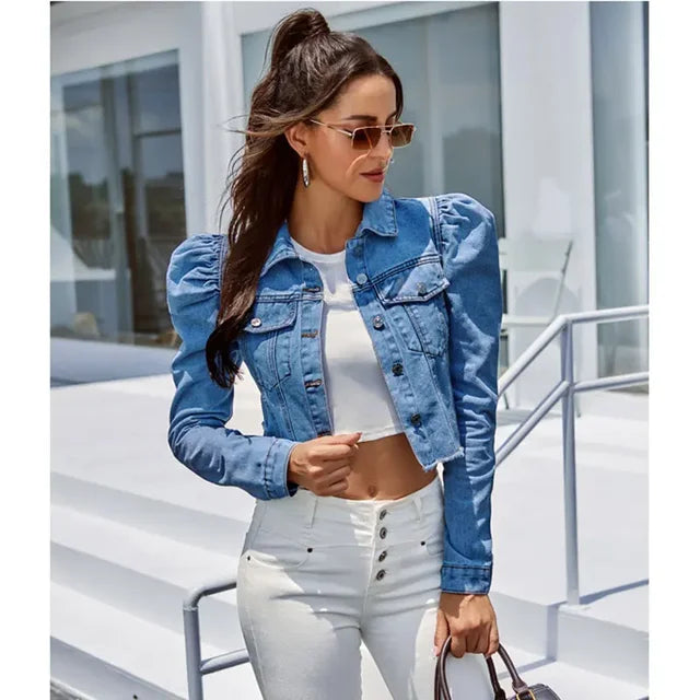 Cropped Spijkerjack – Trendy Denim Jacket met Pofmouwen en Getailleerde Pasvorm