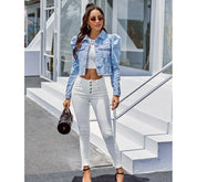 Cropped Spijkerjack – Trendy Denim Jacket met Pofmouwen en Getailleerde Pasvorm
