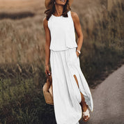 Witte boho maxi avondjurk dames – mouwloos lang kleed met split
