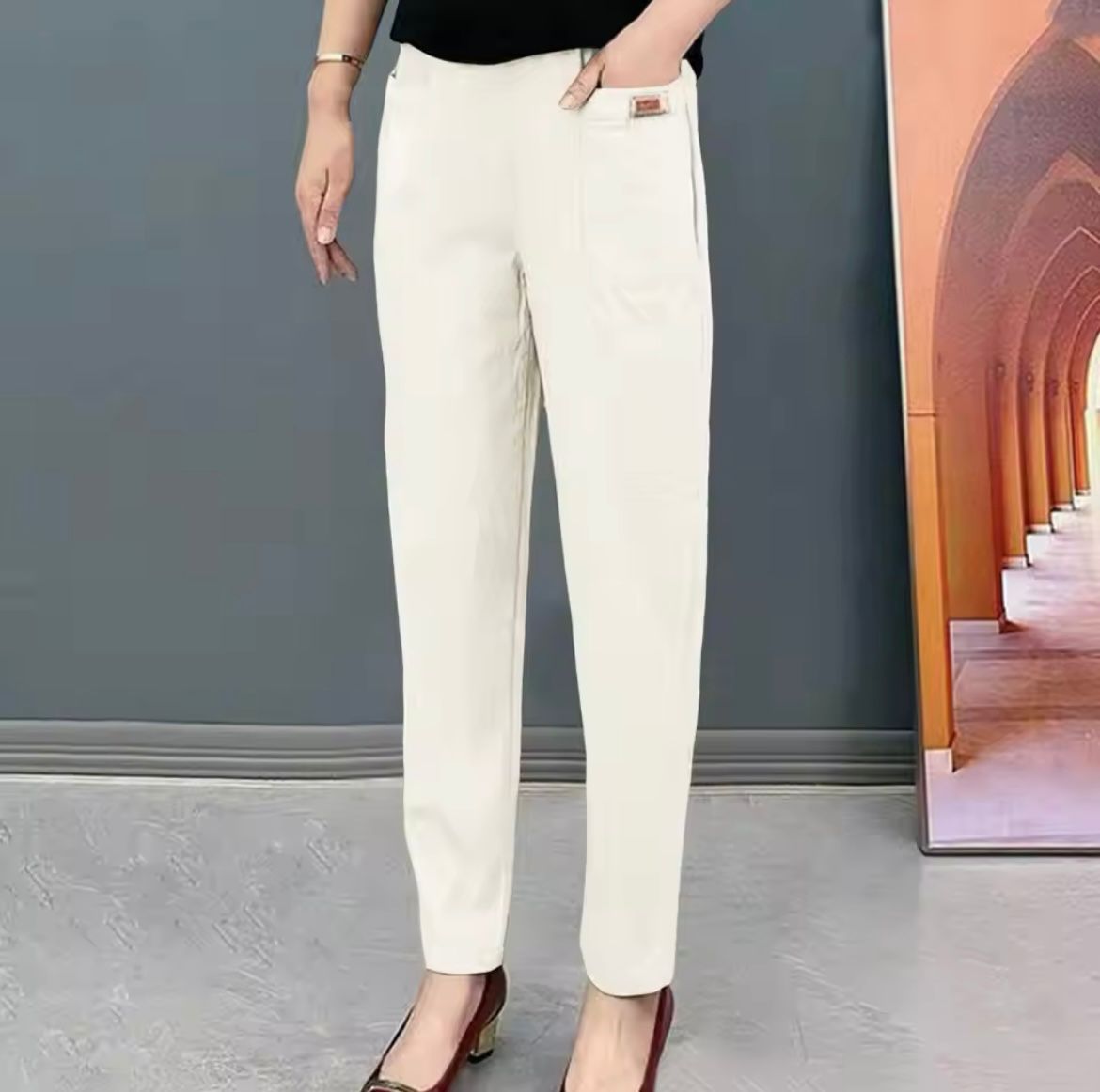 Oriana Katoenen Broek Dames – Comfortabele Hoge Taille Broek met Flexibele Pasvorm