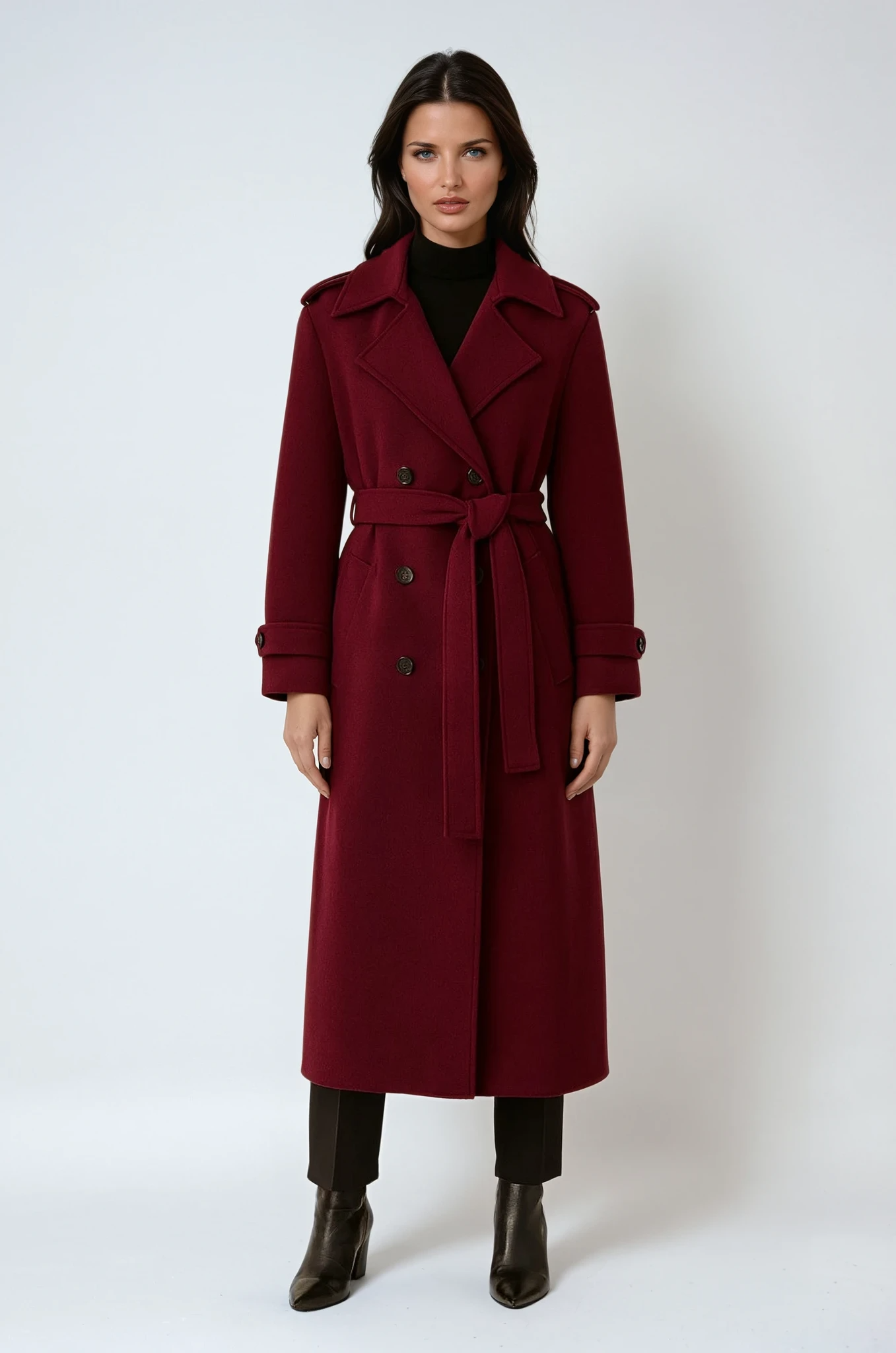 Lola dames winterjas – stijlvolle burgundy mantel met ceintuur en double-breasted design