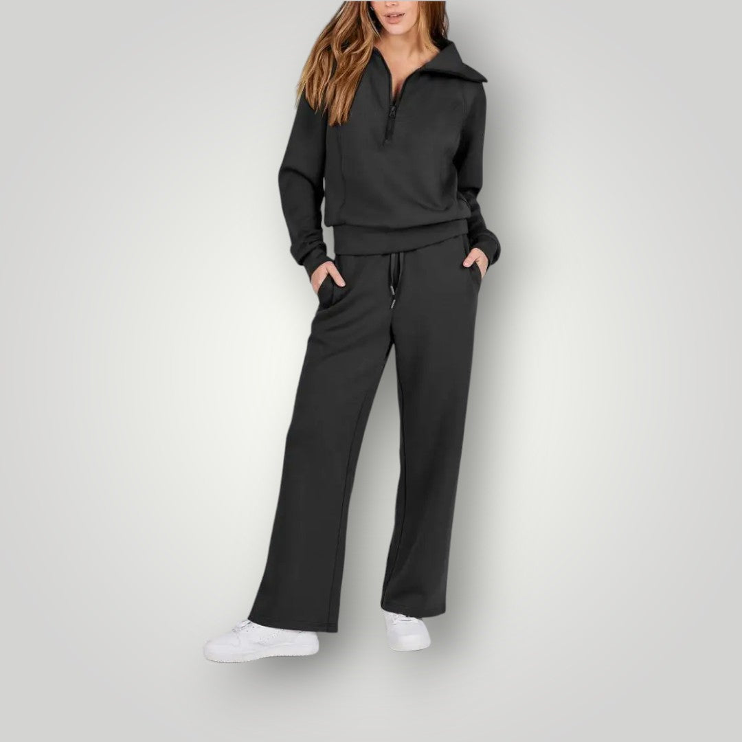 Nelleke | Dames Relaxte Loungeset | Twee-Delige Set met Rits-Top en Wijde Broek