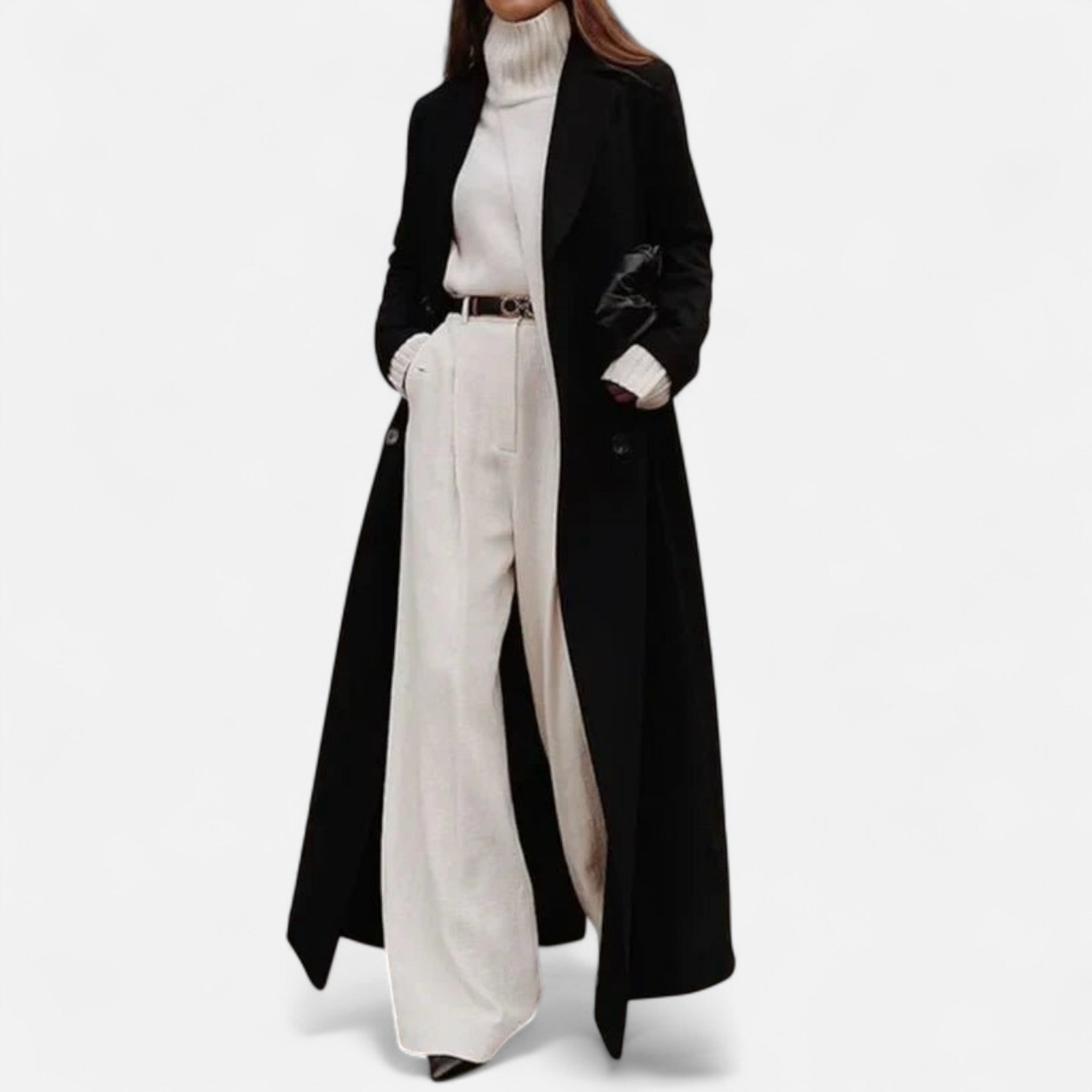 Dames lange zwarte mantel – elegante maxi coat met kraag en knoopsluiting