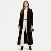 Dames lange zwarte mantel – elegante maxi coat met kraag en knoopsluiting
