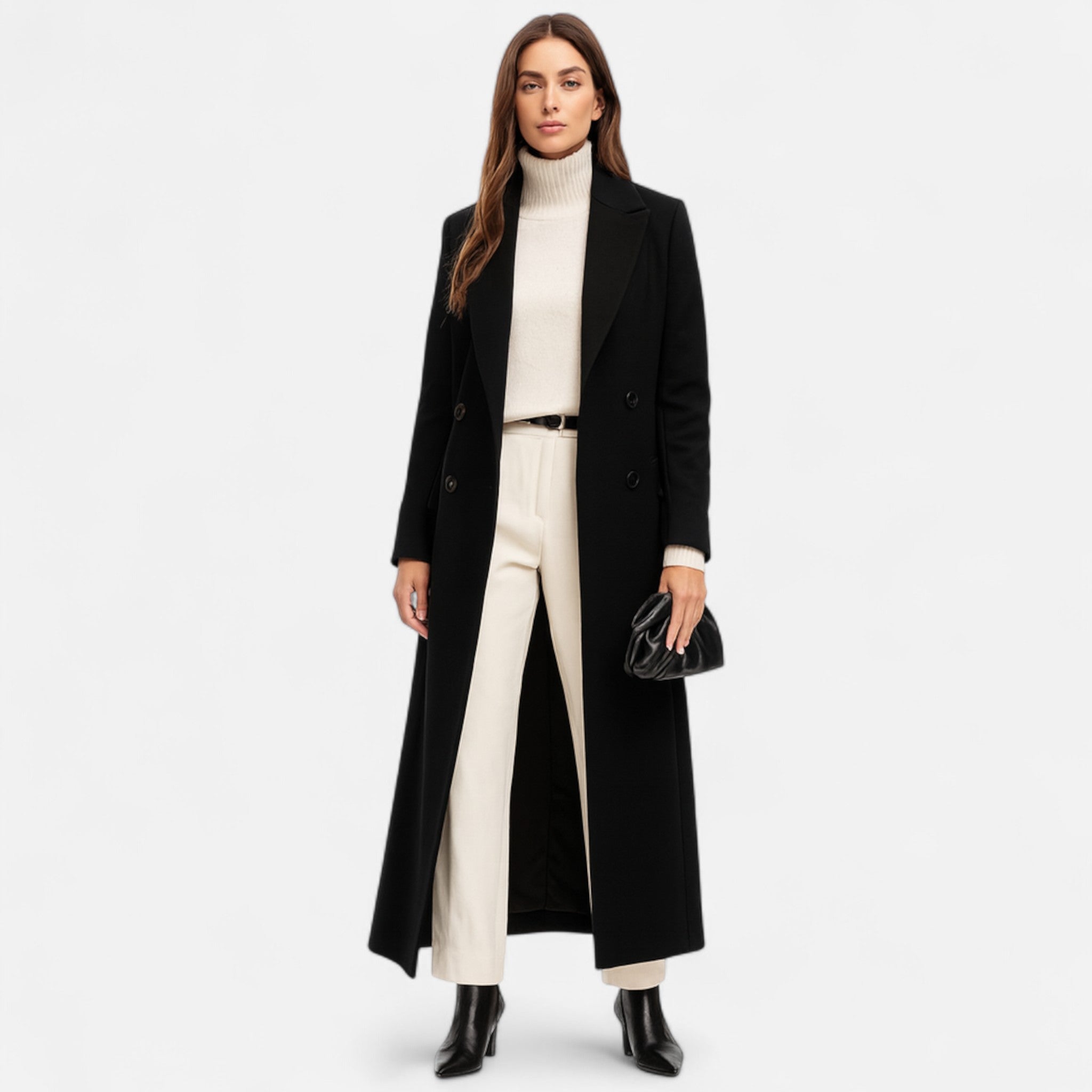 Dames lange zwarte mantel – elegante maxi coat met kraag en knoopsluiting