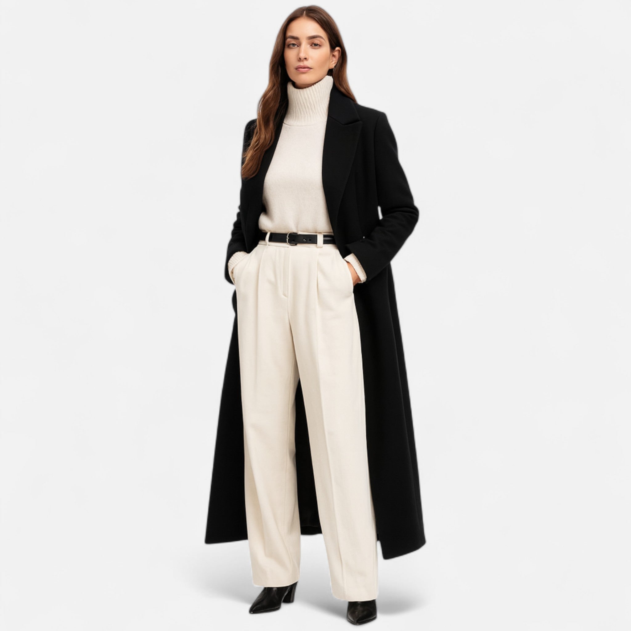 Dames lange zwarte mantel – elegante maxi coat met kraag en knoopsluiting
