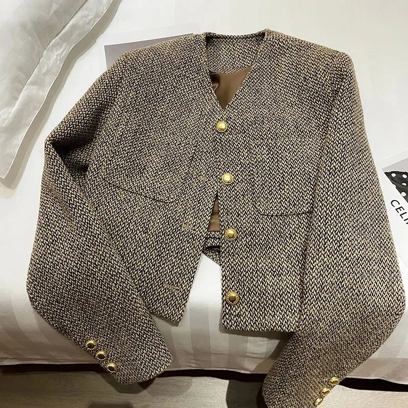 Cropped dames jasje – korte jas zonder kraag met gouden knopen