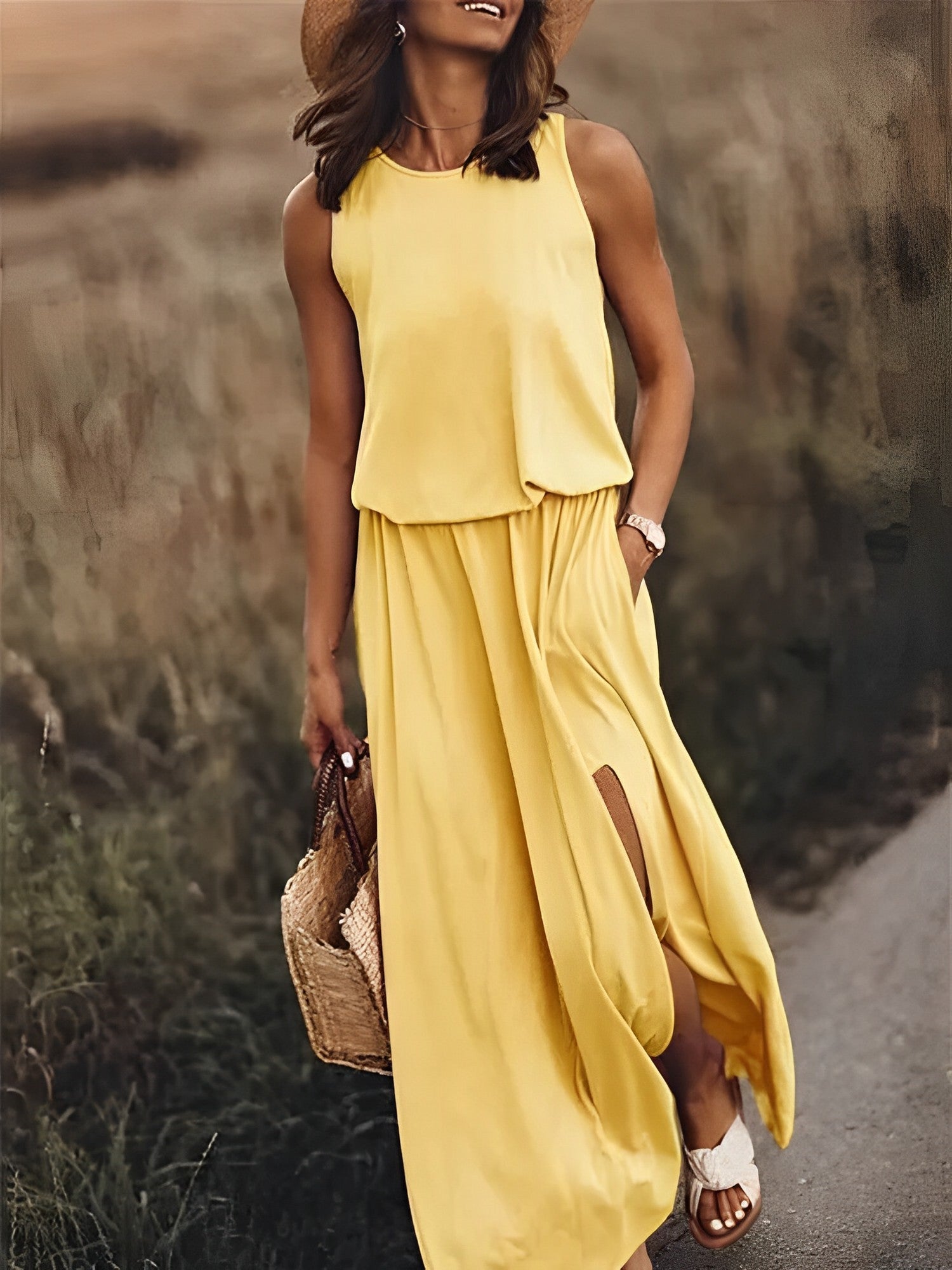Witte boho maxi avondjurk dames – mouwloos lang kleed met split