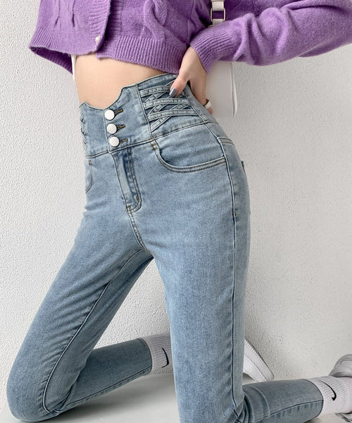 Dames Skinny Jeans – Hoge Taille Jeans met Vintage Knoopsluiting en Stretch
