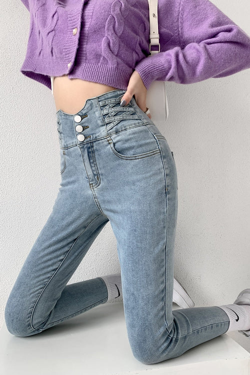 Dames Skinny Jeans – Hoge Taille Jeans met Vintage Knoopsluiting en Stretch