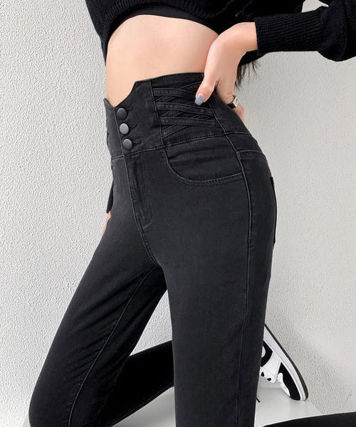 Dames Skinny Jeans – Hoge Taille Jeans met Vintage Knoopsluiting en Stretch
