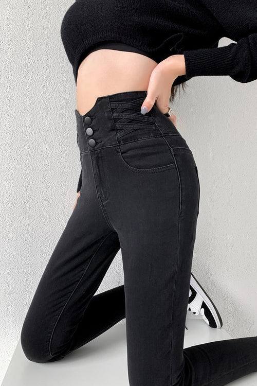 Dames Skinny Jeans – Hoge Taille Jeans met Vintage Knoopsluiting en Stretch
