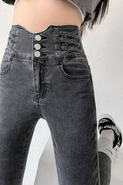 Dames Skinny Jeans – Hoge Taille Jeans met Vintage Knoopsluiting en Stretch