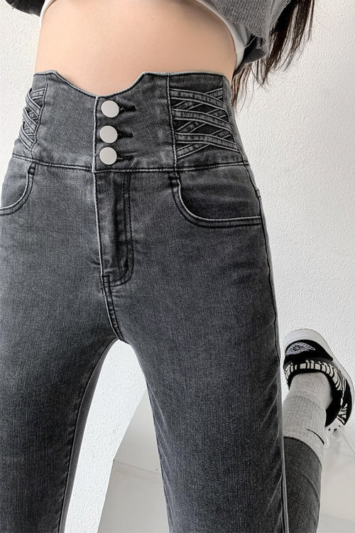 Dames Skinny Jeans – Hoge Taille Jeans met Vintage Knoopsluiting en Stretch