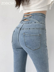 Dames Skinny Jeans – Hoge Taille Jeans met Vintage Knoopsluiting en Stretch