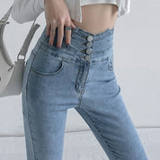 Dames Skinny Jeans – Hoge Taille Jeans met Vintage Knoopsluiting en Stretch