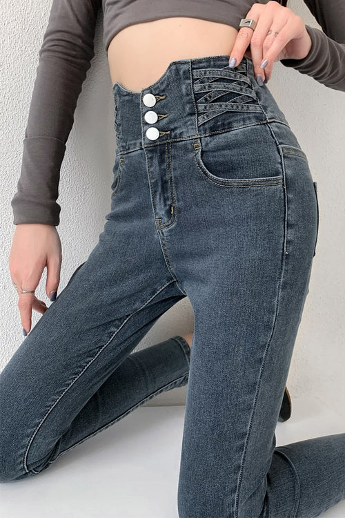 Dames Skinny Jeans – Hoge Taille Jeans met Vintage Knoopsluiting en Stretch