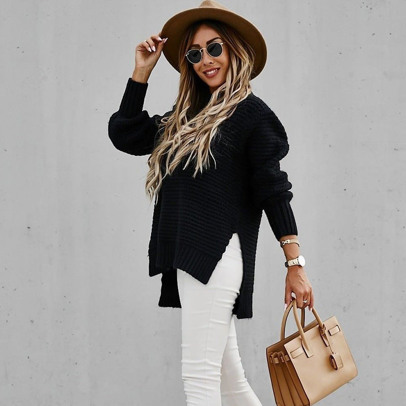 Sofia Elegante Pullover – Gebreide Damestrui met Halfhoge Hals en Zijsplit