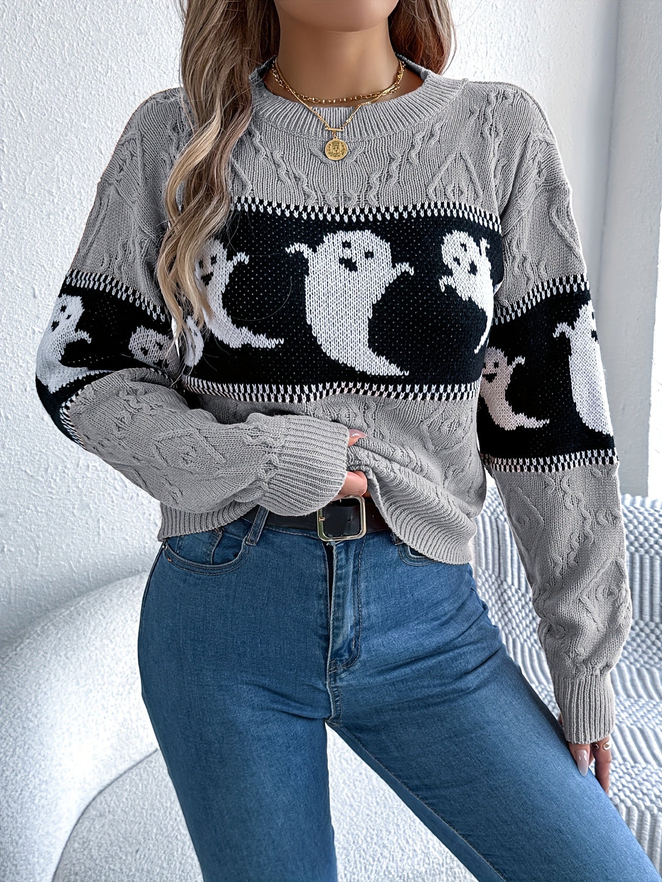 Halloween Trui Dames – Gebreide Trui met Spookmotieven in Zwart & Grijs