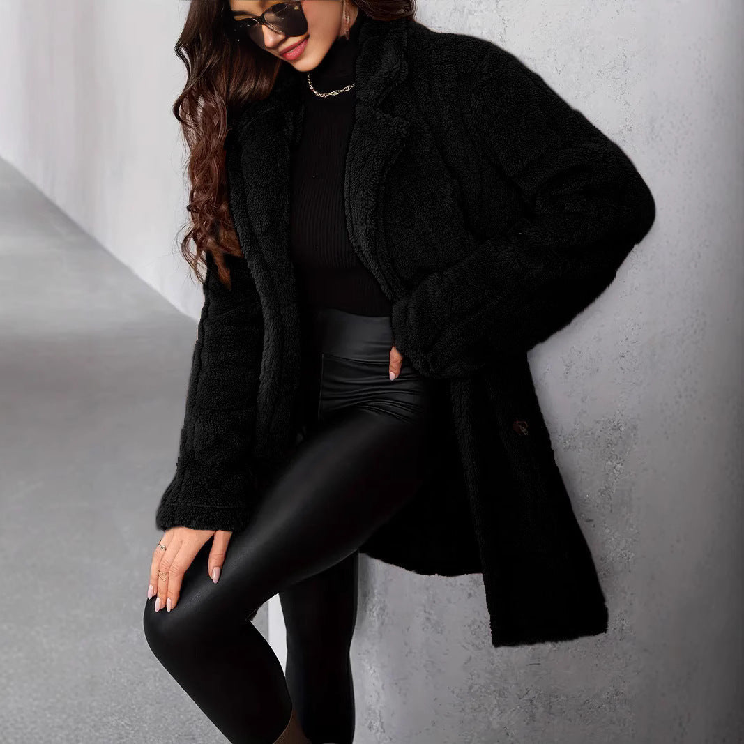 Oversized dames winterjas – zwarte fleecejas met brede revers en warme fit