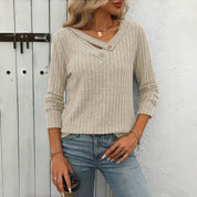 Effen Casual Damesblouse – V-Hals Blouse met Knoopdetails en Lange Mouwen