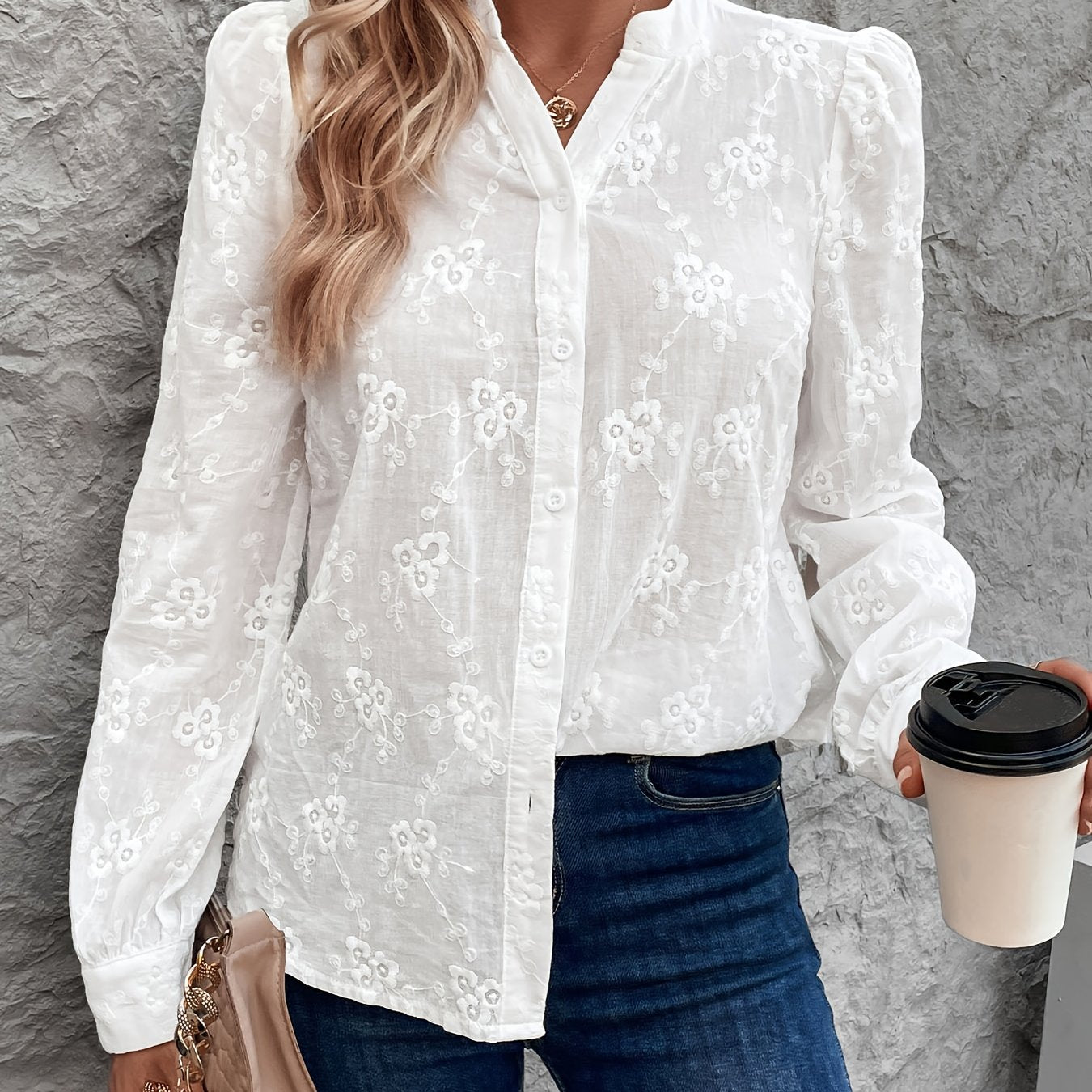Kanten Geborduurde Blouse Dames – Elegante Lange Mouwen Blouse van Katoen