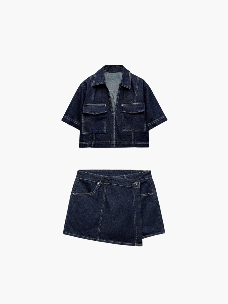 ASHLEY dames denim set – top & skort outfit in licht of donker denim