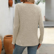 Effen Casual Damesblouse – V-Hals Blouse met Knoopdetails en Lange Mouwen