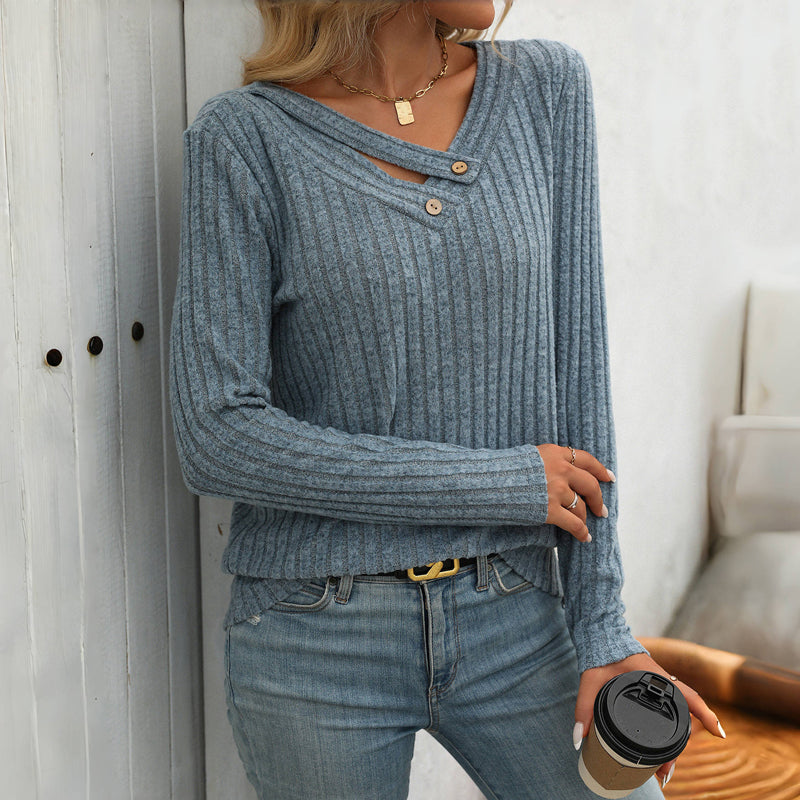 Effen Casual Damesblouse – V-Hals Blouse met Knoopdetails en Lange Mouwen