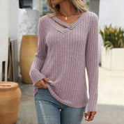Effen Casual Damesblouse – V-Hals Blouse met Knoopdetails en Lange Mouwen