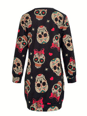 Mini Jurk Dames – Gebreide Jurk met Digitale Print en Lange Mouwen