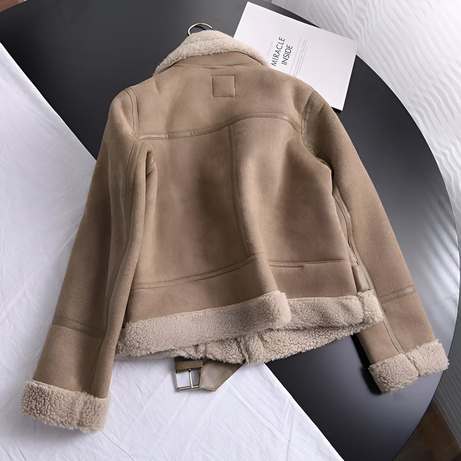 Bikerjas Dames met Imitatiebont | Oversized Suède Look & Taille-riem