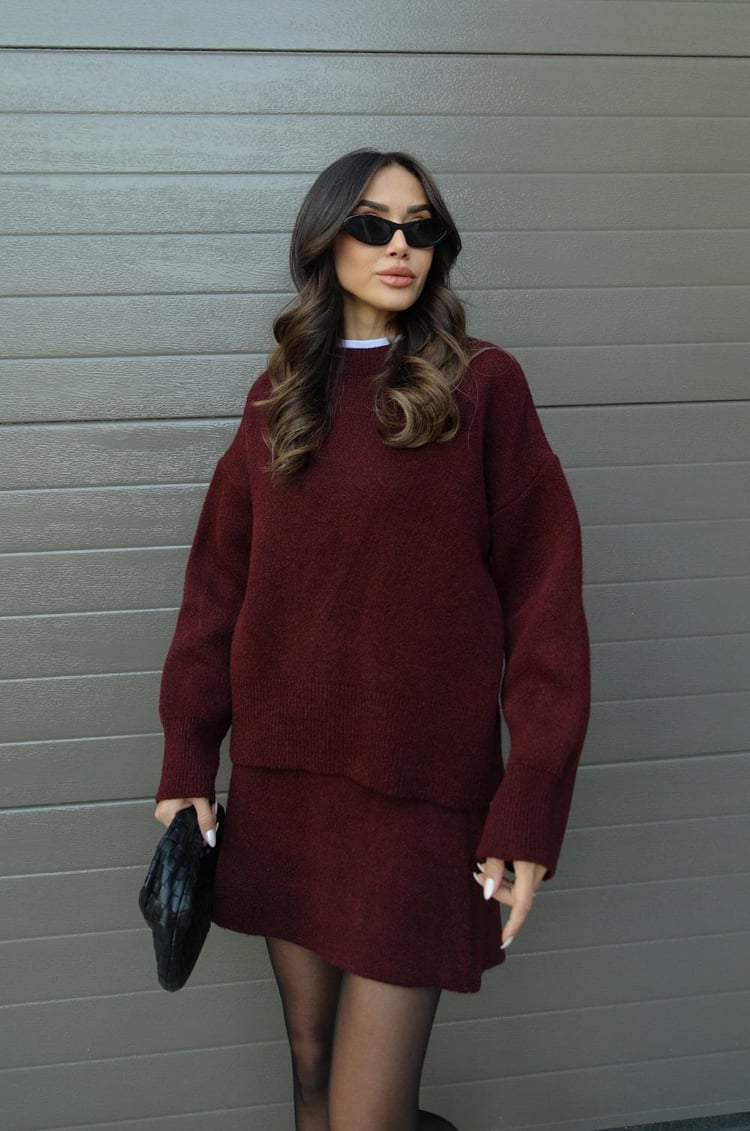 Herfst winter set dames – trui met bijpassende rok in bordeaux