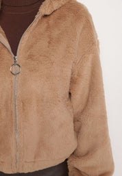 Lichtbruin fluffy jack dames – warm teddy jack met rits en capuchon