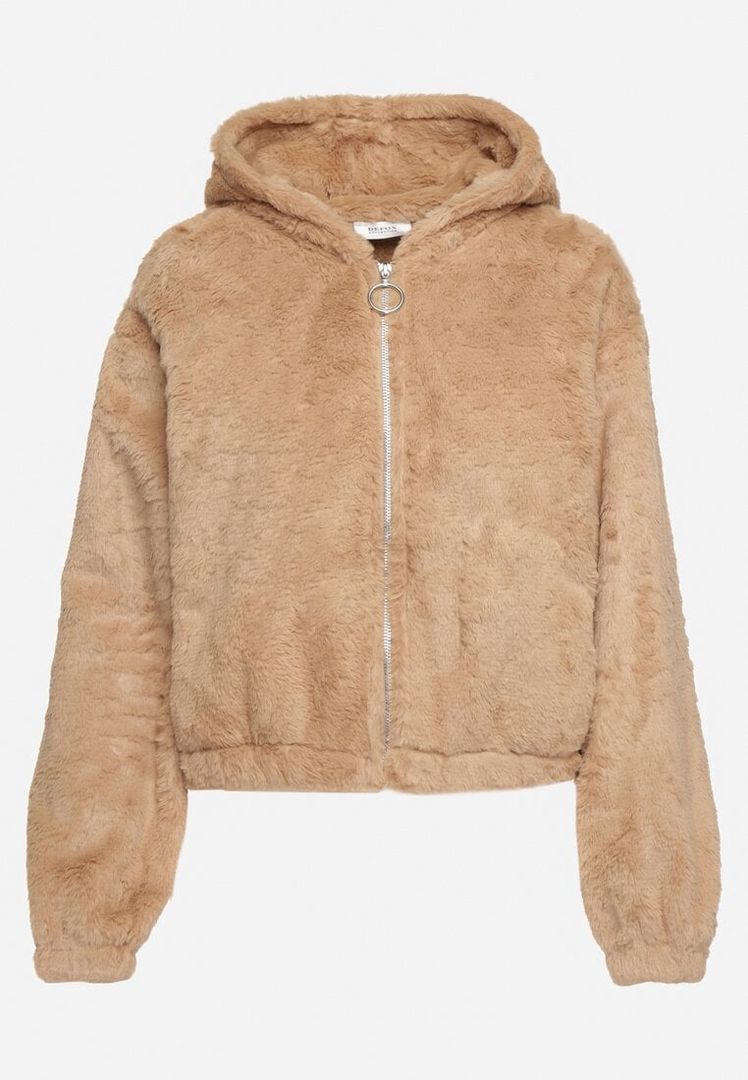 Lichtbruin fluffy jack dames – warm teddy jack met rits en capuchon