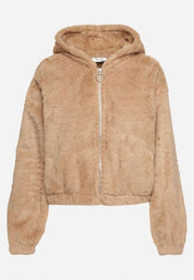 Lichtbruin fluffy jack dames – warm teddy jack met rits en capuchon