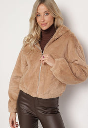 Lichtbruin fluffy jack dames – warm teddy jack met rits en capuchon