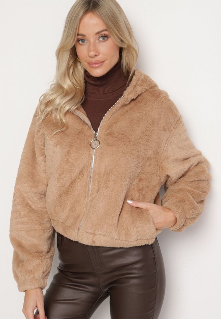 Lichtbruin fluffy jack dames – warm teddy jack met rits en capuchon