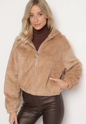 Lichtbruin fluffy jack dames – warm teddy jack met rits en capuchon