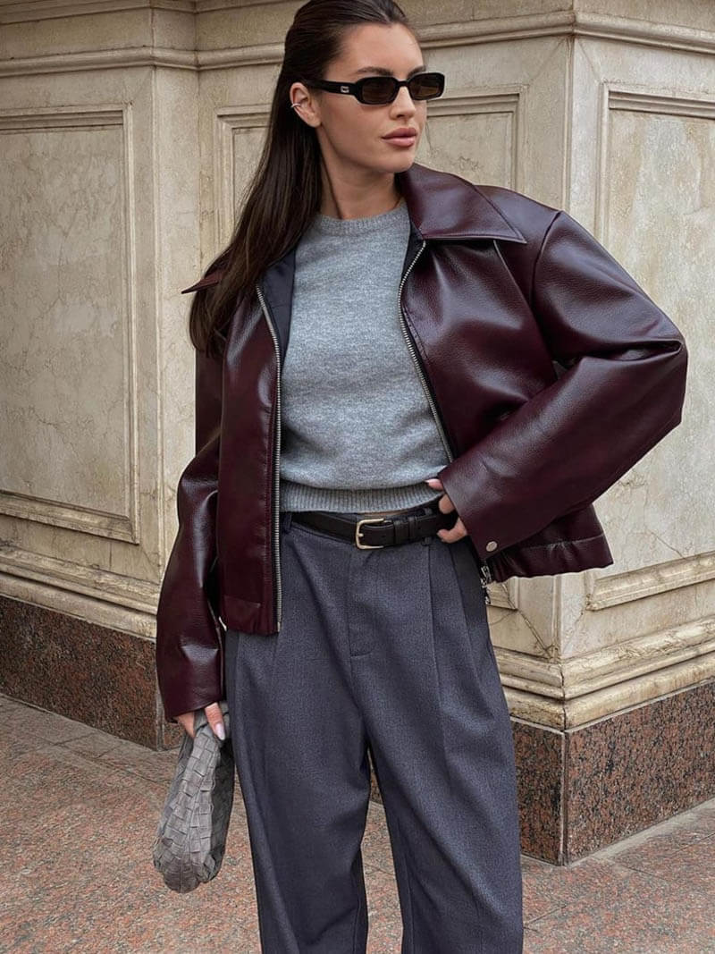 Burgundy Leren Jas Dames – Stijlvolle PU-Leren Jas met Rits & Moderne Pasvorm