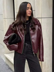 Burgundy Leren Jas Dames – Stijlvolle PU-Leren Jas met Rits & Moderne Pasvorm