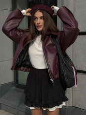 Burgundy Leren Jas Dames – Stijlvolle PU-Leren Jas met Rits & Moderne Pasvorm