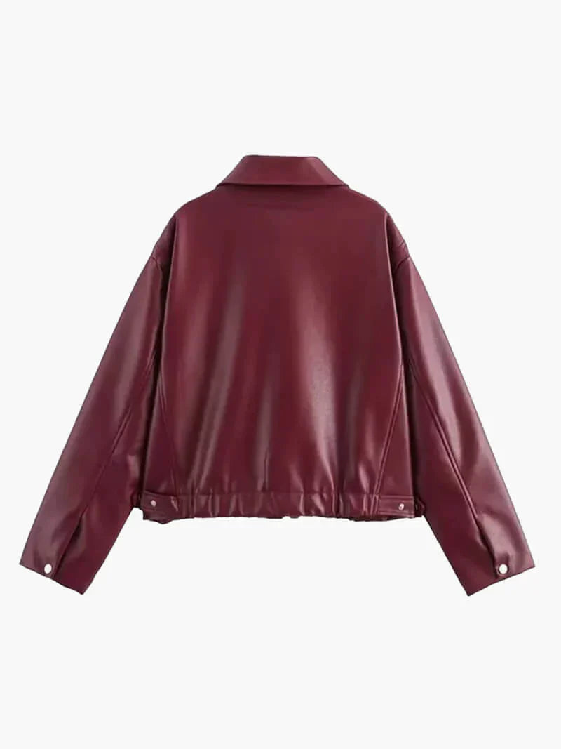 Burgundy Leren Jas Dames – Stijlvolle PU-Leren Jas met Rits & Moderne Pasvorm