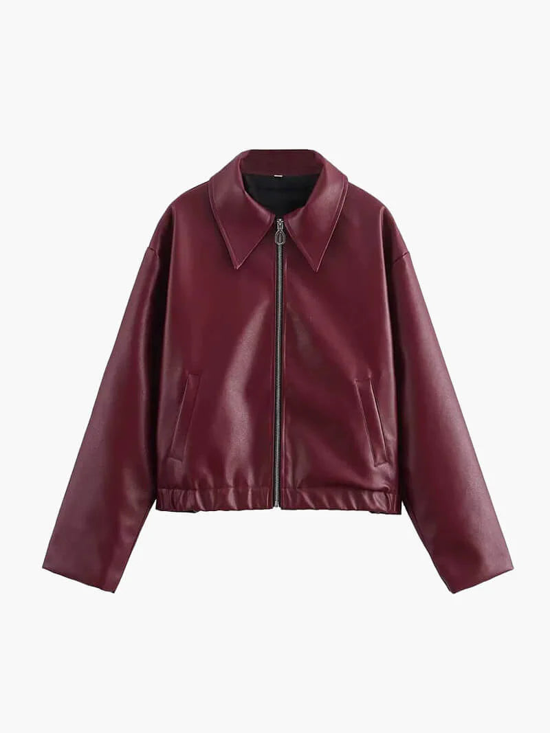 Bordeauxrode Leren Damesjas met Ritssluiting – Alessia | Stijlvolle Vegan Leren Jas voor Herfst & Lente