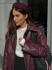 Burgundy Leren Jas Dames – Stijlvolle PU-Leren Jas met Rits & Moderne Pasvorm