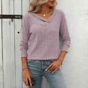Effen Casual Damesblouse – V-Hals Blouse met Knoopdetails en Lange Mouwen