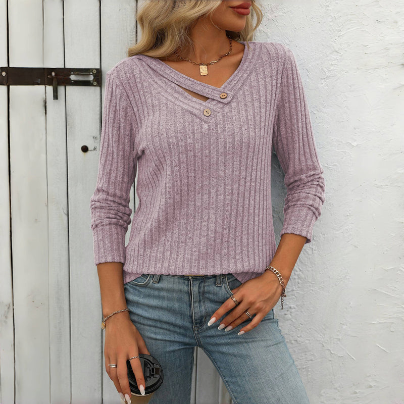 Effen Casual Damesblouse – V-Hals Blouse met Knoopdetails en Lange Mouwen